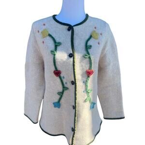 Isabella G Vintage Embroidered Wool Button Up Austrian Floral Cardigan Size XL